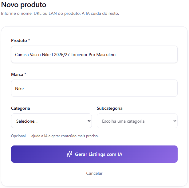 Formulário de criação de produto — 2 campos obrigatórios